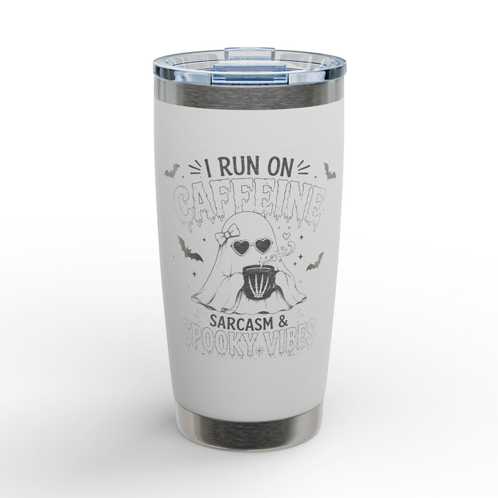 20oz Engraved Tumbler — "I Run on Caffeine, Sarcasm &" Halloween Bat Design