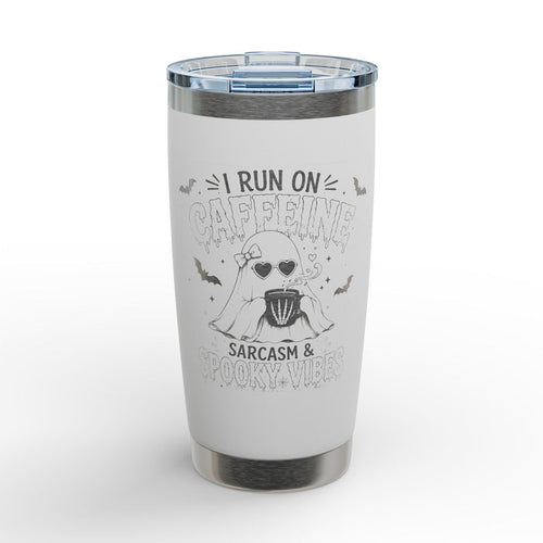 20oz Engraved Tumbler — "I Run on Caffeine, Sarcasm &" Halloween Bat Design