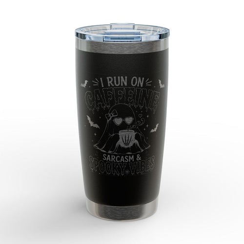 20oz Engraved Tumbler — "I Run on Caffeine, Sarcasm &" Halloween Bat Design