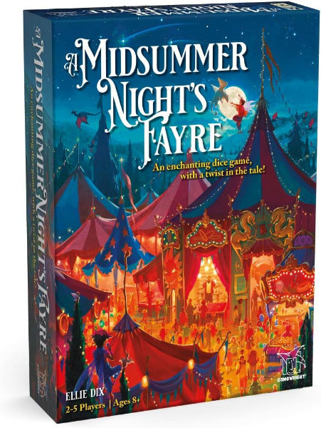 Board game box for 'A Midsummer Night's Fayre' with colorful tents and fairground design.