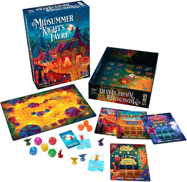 Board game set with 'Midsummer Night's Fayre' packaging and components on a white background