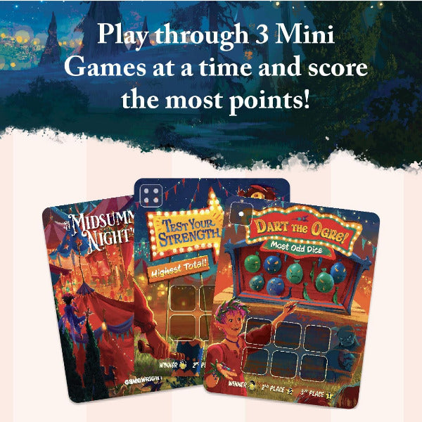 Three board game cards with colorful designs and text on a scenic background