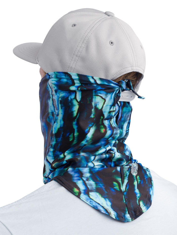 Model: Back tie to adjust size around face, or attach to a hat or ponytail.
