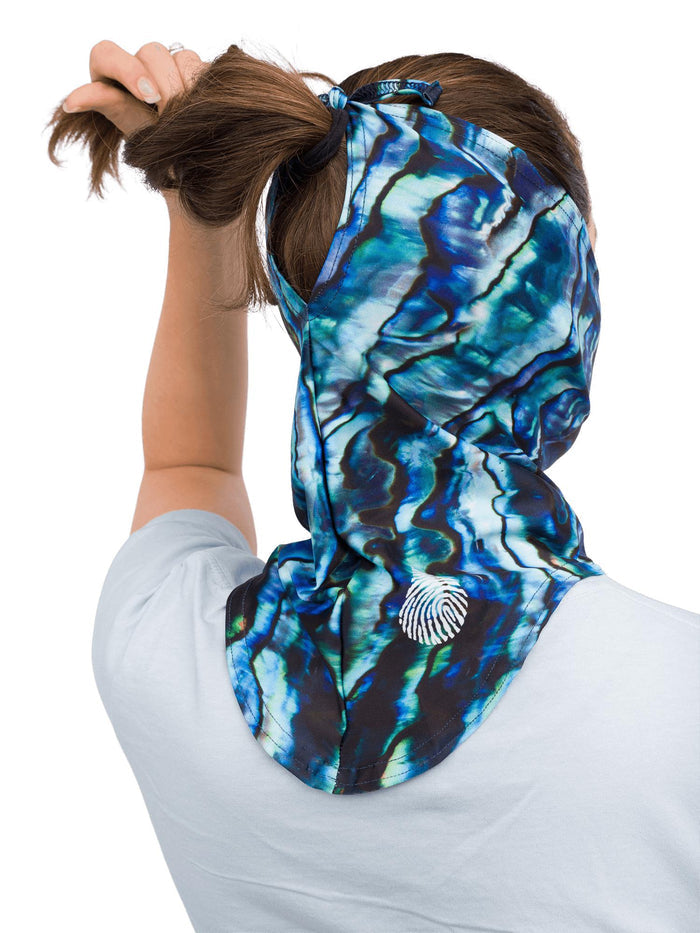 Model: Back tie to adjust size around face, or attach to a hat or ponytail.