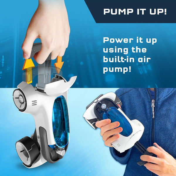 Handheld air pump with text 'Pump it up! Power it up using the built-in air pump!'