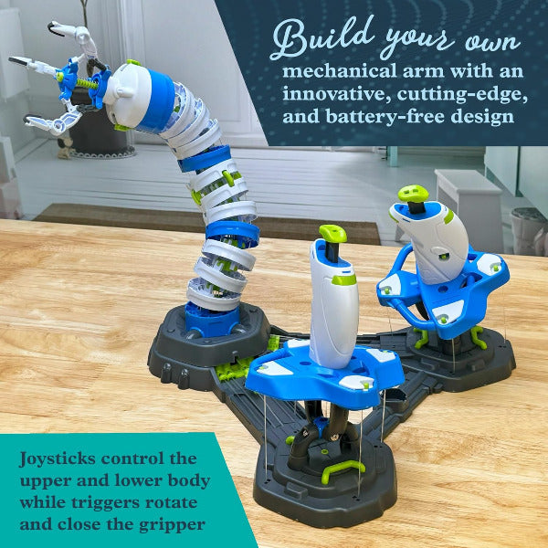 Mechanical arm kit with text on building your own mechanical arm and joystick controls.
