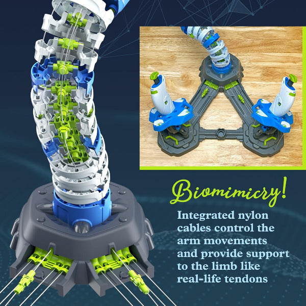Robotic arm model with integrated nylon cables on a dark blue background, featuring text about biomimicry.