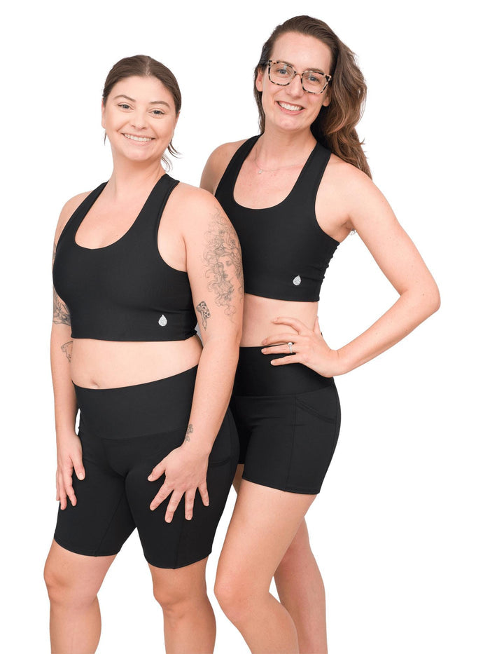 Model: Camilla (left) is 5'8", 180 lbs, 36B and wearing a size L shorts and L top. Laura (right) is 5'11", 150lbs, 34B, and wearing a size M top and M shorts.