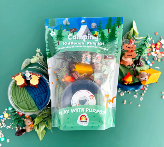 Kiddough Camping Play Kit packaging with playset on a teal background