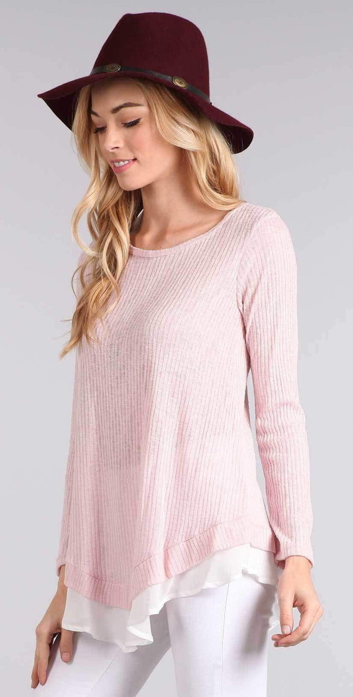 Chris and Carol Knit Sweater with Chiffon Detail in Pink 1601066T: