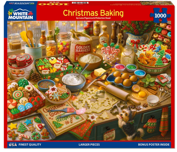 White Mountain 1000-piece jigsaw puzzle box titled 'Christmas Baking' by Lisa Figlerow and Piskarenko Neal, featuring a colorful holiday kitchen scene filled with cookies, gingerbread men, candy canes, baking ingredients, and festive decorations.