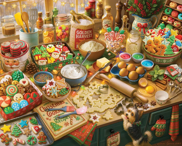 Puzzle design of a festive holiday baking scene filled with decorated gingerbread cookies, candy canes, eggs, flour, spices, and baking tools on a kitchen counter. A small dog stands at the bottom right, and the background shows a warm, decorated kitchen interior with jars, bottles, and holiday ornaments.