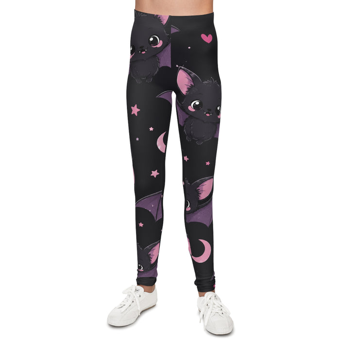 Cute Bat Print Youth Leggings — Black & Purple All-Over Print for Kids