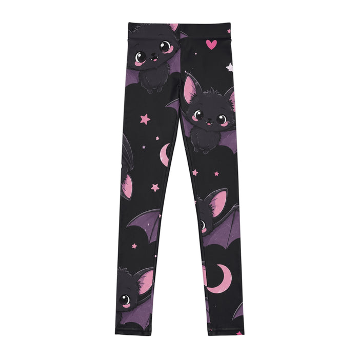 Cute Bat Print Youth Leggings — Black & Purple All-Over Print for Kids