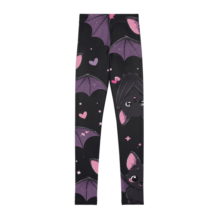 Cute Bat Print Youth Leggings — Black & Purple All-Over Print for Kids