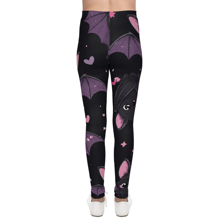 Cute Bat Print Youth Leggings — Black & Purple All-Over Print for Kids