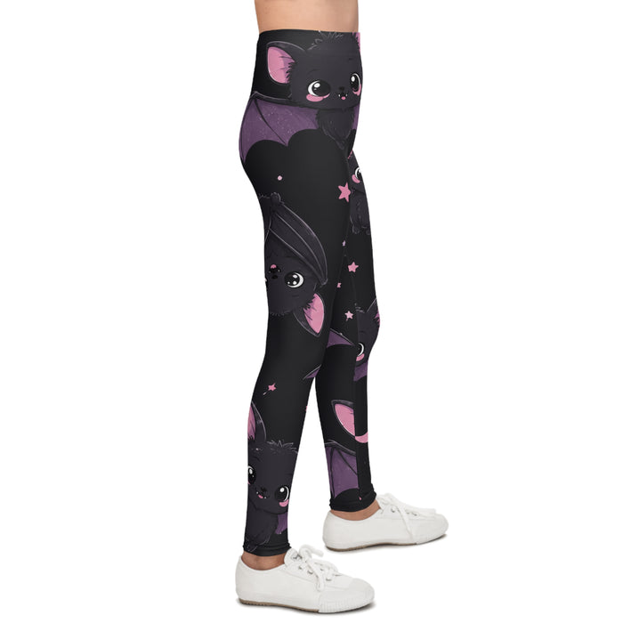 Cute Bat Print Youth Leggings — Black & Purple All-Over Print for Kids