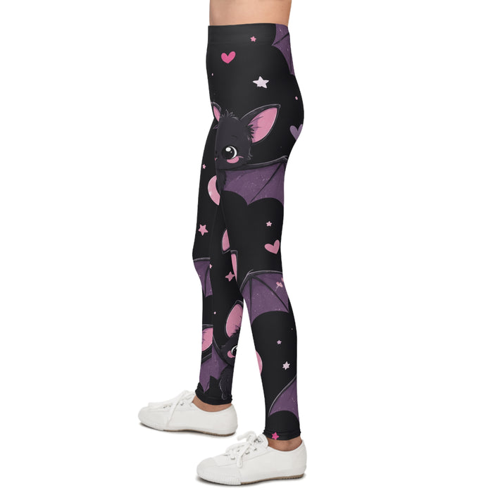 Cute Bat Print Youth Leggings — Black & Purple All-Over Print for Kids