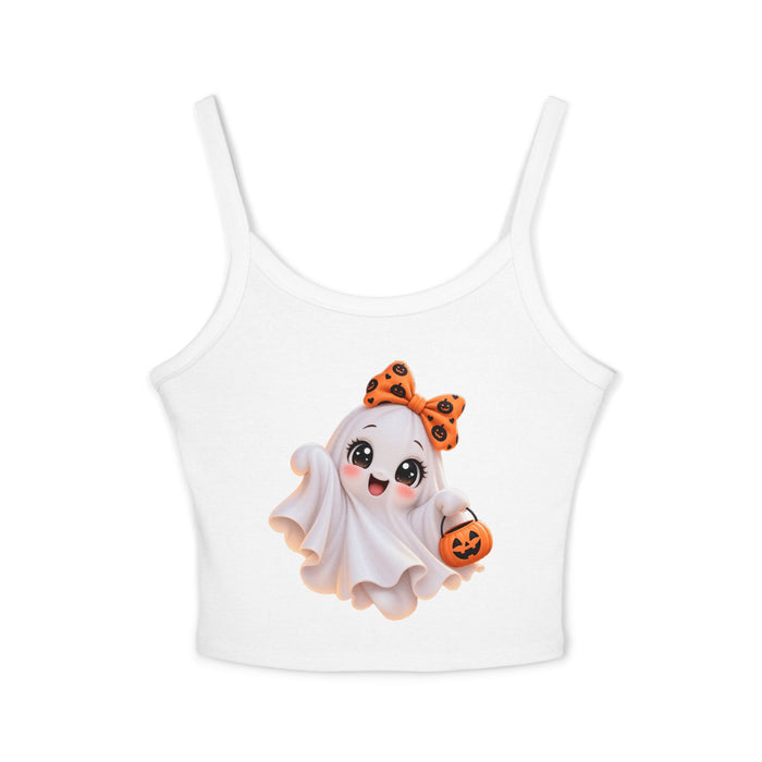 Cute Halloween Ghost Tank Top — Kawaii Ghost with Pumpkin Candy Pail