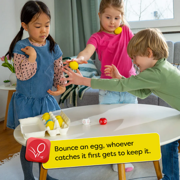 Children playing a game with eggs at a table, text overlay about the game rules.