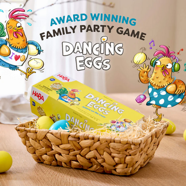 HABA Dancing Eggs game packaging with cartoon chickens.