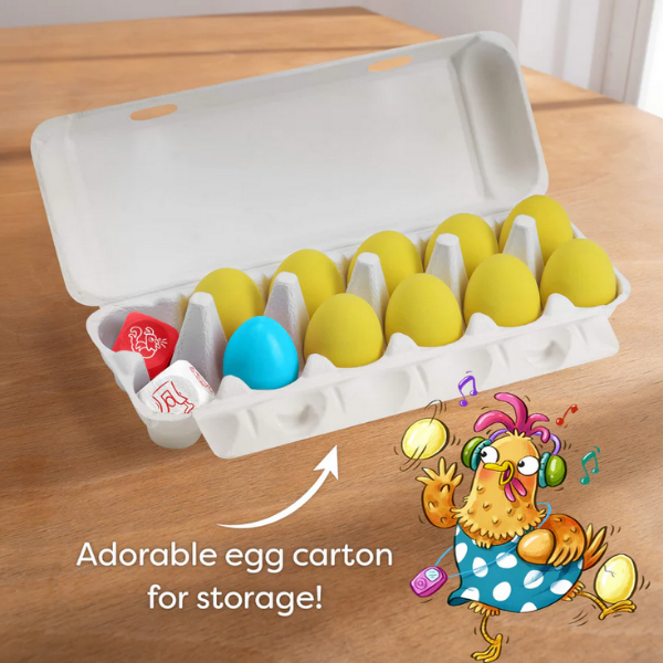 Egg carton with colorful eggs on a wooden surface, featuring an illustration of a chicken character.