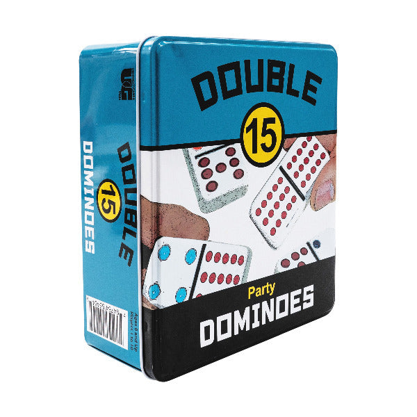 Double 15 dominoes set packaging with blue and black design