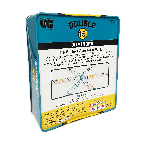 Double 15 dominoes game box with blue and yellow design on a white background