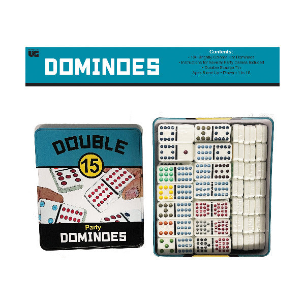 Double 15 party dominoes set with packaging on a white background