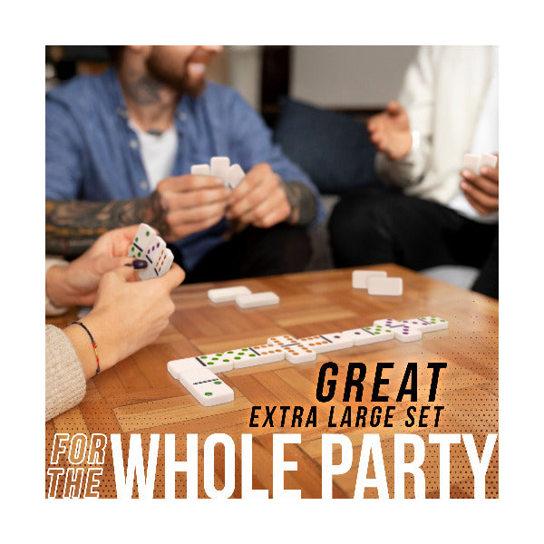 People playing dominoes with text 'Great Extra Large Set for the Whole Party' on a wooden table.