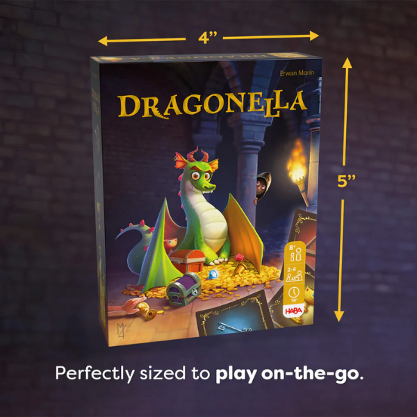 Board game box titled 'Dragonella' with dragon illustration and dimensions indicated.