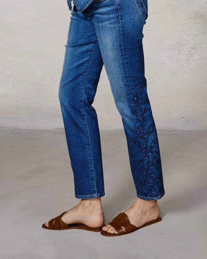 EDWIN USA embroidered denim jeans for women featuring floral designs on the side