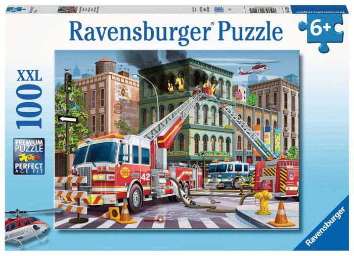 Ravensburger puzzle box with a fire truck and city scene design.