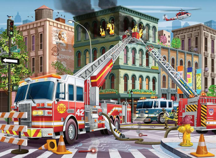 Firefighter scene with fire truck, fire hydrant, and city buildings in the background