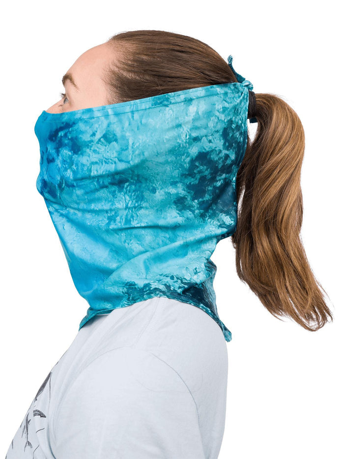 Model: Back tie to adjust size around face, or attach to a hat or ponytail.
