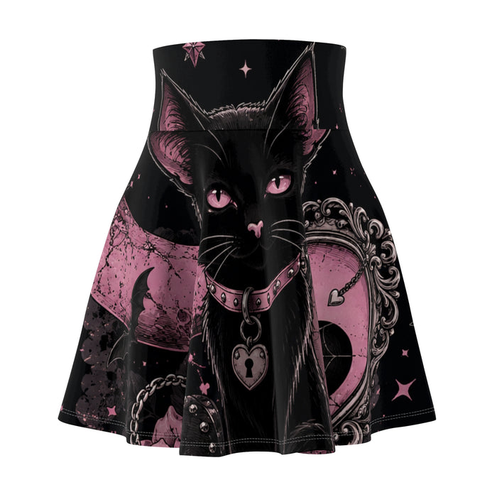 Gothic Black Cat Skater Skirt — Pink Heart Lock & Moon AOP