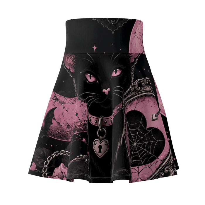 Gothic Black Cat Skater Skirt — Pink Heart Lock & Moon AOP