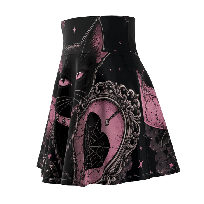 Gothic Black Cat Skater Skirt — Pink Heart Lock & Moon AOP
