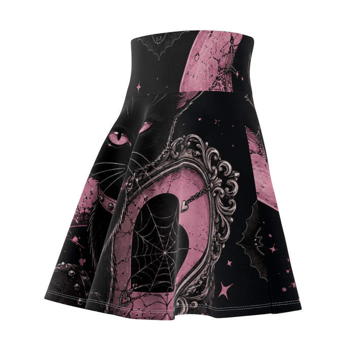 Gothic Black Cat Skater Skirt — Pink Heart Lock & Moon AOP