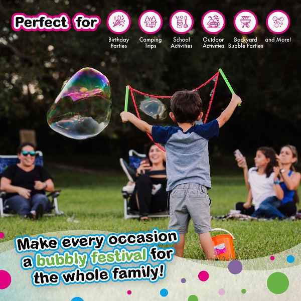 Child playing with bubble wands and bubbles in a park with family in the background, text indicating use for various activities.