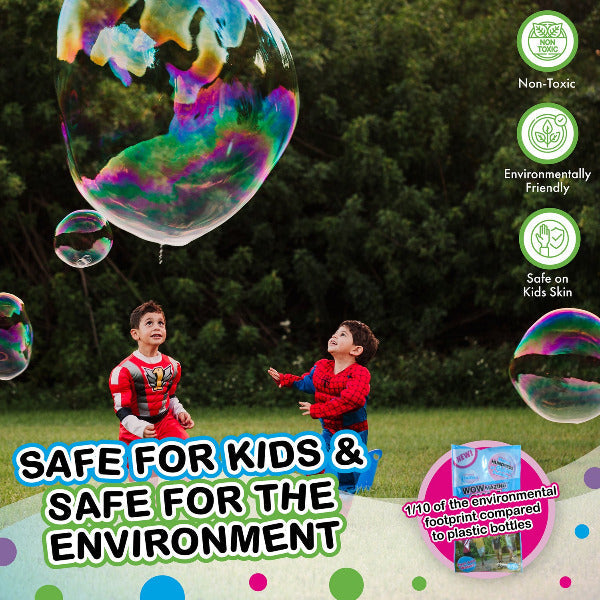 Two children playing with giant bubbles outdoors, with text highlighting safety for kids and the environment.