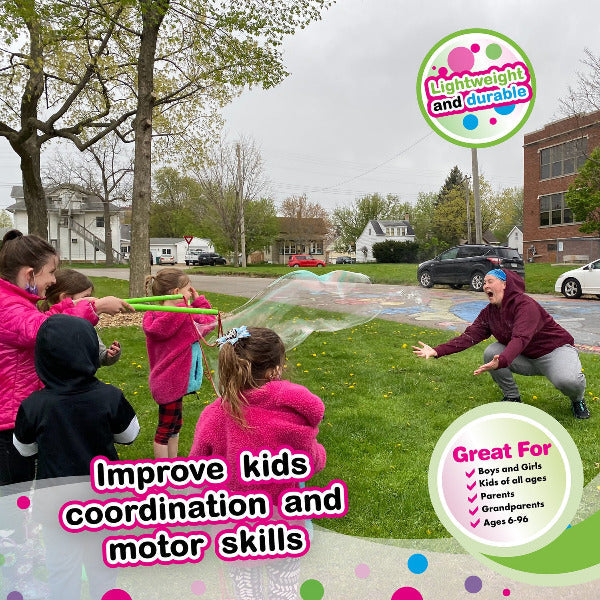 Children playing with bubbles outdoors on a grassy area, with text about improving coordination and motor skills.