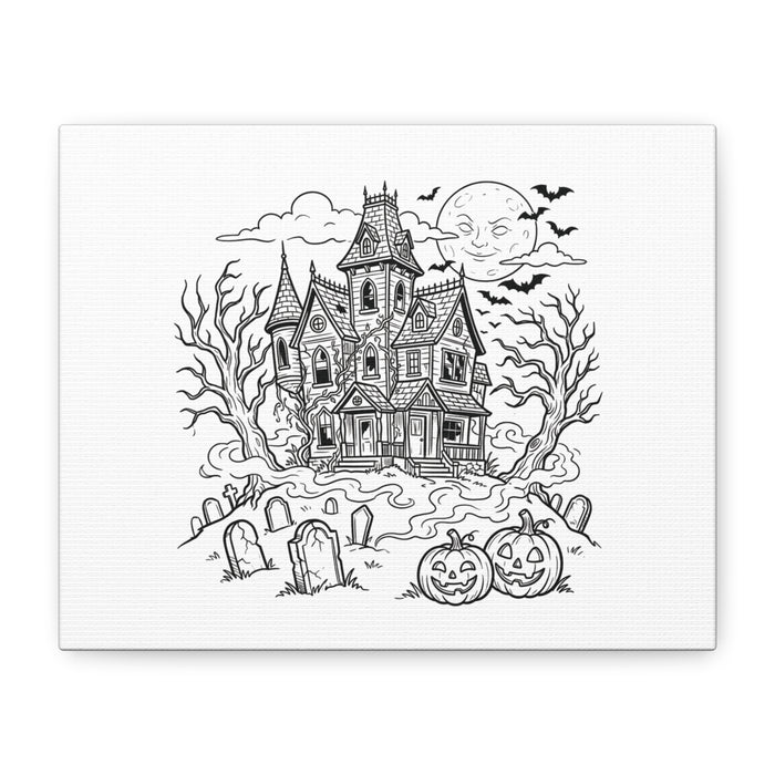 Halloween Haunted House Coloring Canvas  — Spooky Graveyard with Jack-o'-Lanterns