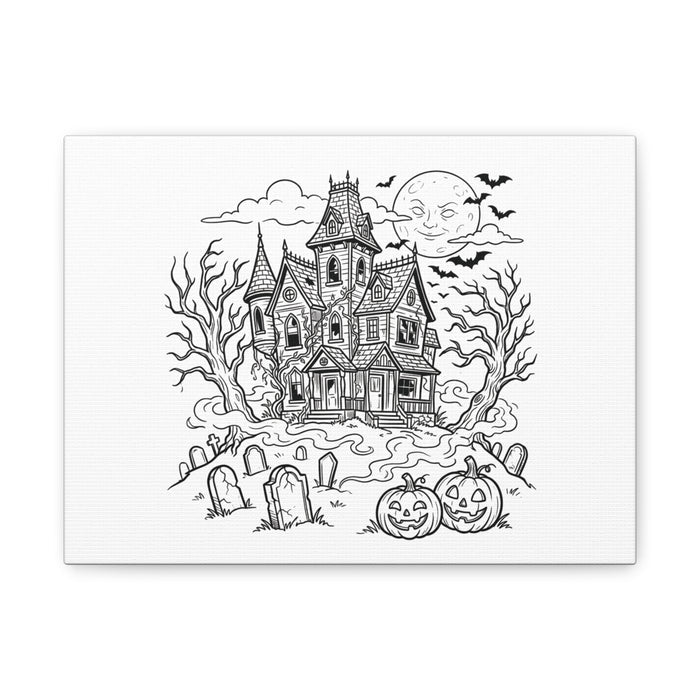 Halloween Haunted House Coloring Canvas  — Spooky Graveyard with Jack-o'-Lanterns