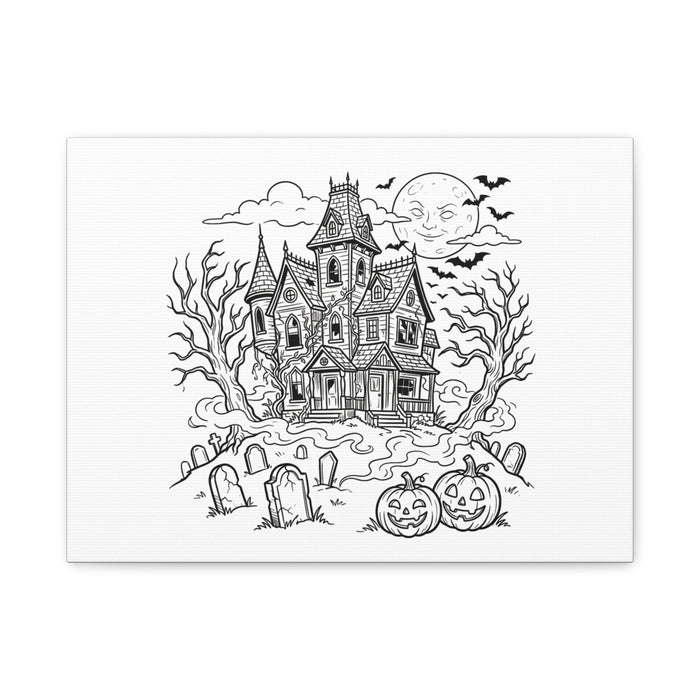 Halloween Haunted House Coloring Canvas  — Spooky Graveyard with Jack-o'-Lanterns