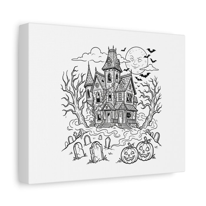 Halloween Haunted House Coloring Canvas  — Spooky Graveyard with Jack-o'-Lanterns