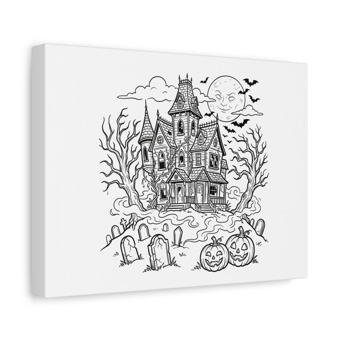 Halloween Haunted House Coloring Canvas  — Spooky Graveyard with Jack-o'-Lanterns