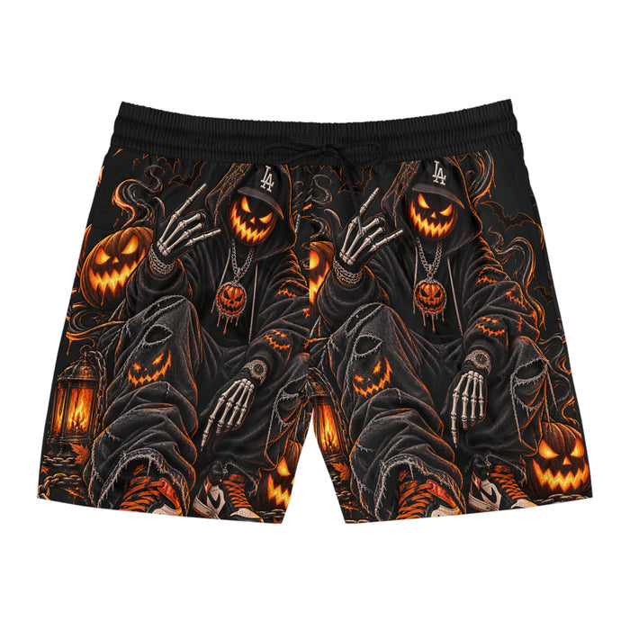 Halloween Jack-O'-Lantern Reaper Swim Shorts — Men’s Spooky Beach Trunks