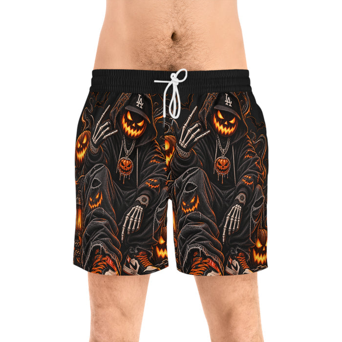 Halloween Jack-O'-Lantern Reaper Swim Shorts — Men’s Spooky Beach Trunks