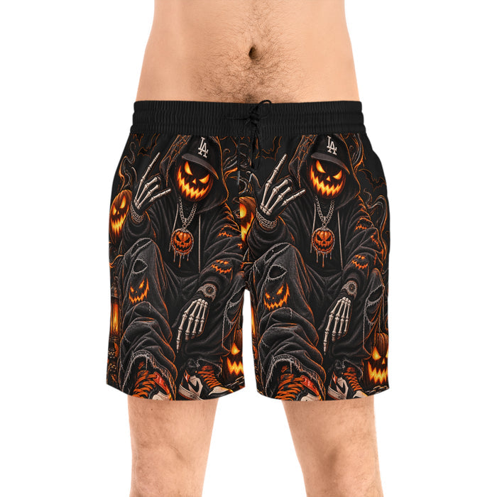 Halloween Jack-O'-Lantern Reaper Swim Shorts — Men’s Spooky Beach Trunks